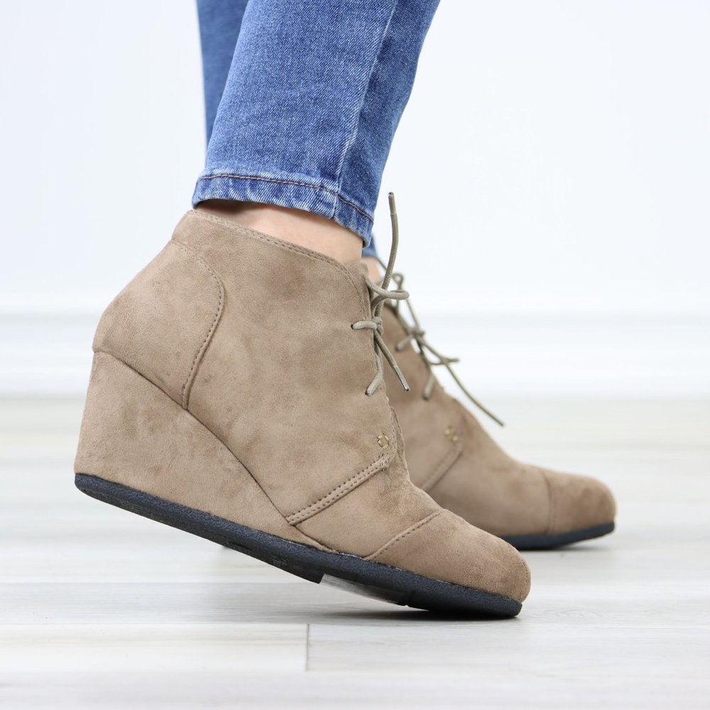 Taupe Faux Suede Round Toe Wedge Heel Lace Up Ankle Boots - Picture 5 of 12